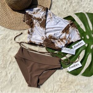 Frankie’s Bikinis Ryan Crop Tie Dye Set in Chocolate Brown and White